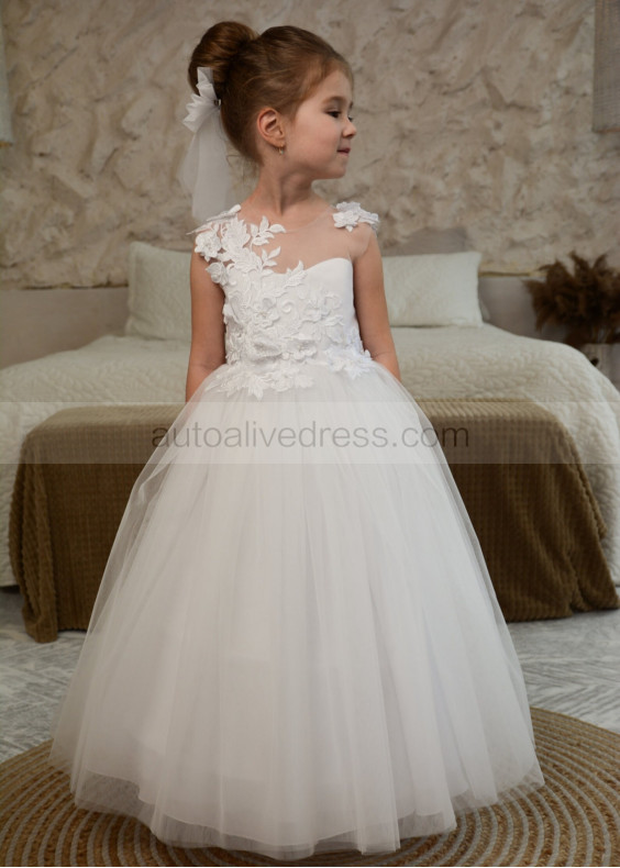 Ivory Lace Tulle Floral Flower Girl Dress With Detachable Train